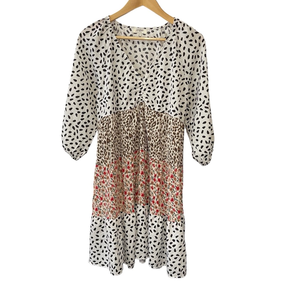 Umgee Multi Print Tiered Boho Dress Woman’s Small 3/4 Sleeve Pullover V-Neck